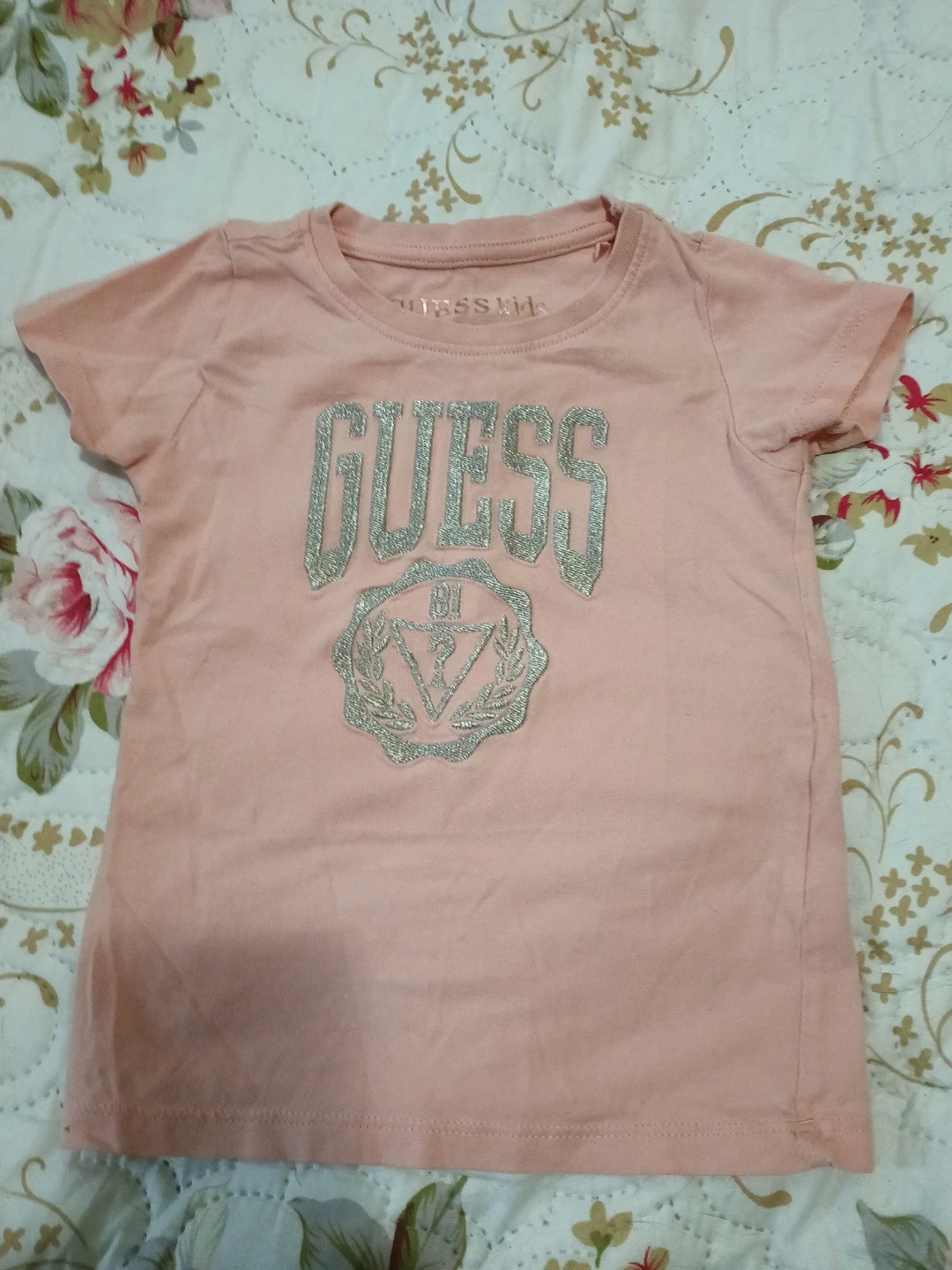 GUESS Pink Short Sleeve Tee with Silver Glitter Logo