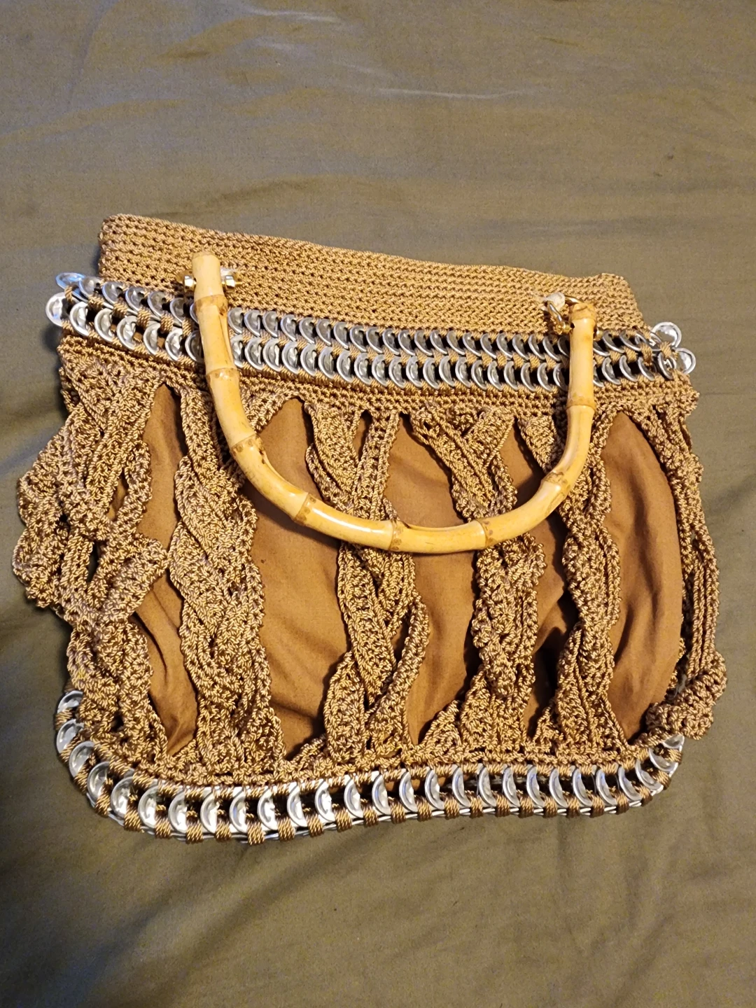 Crocheted Bag with Bamboo Handles and Soda Tab Accents