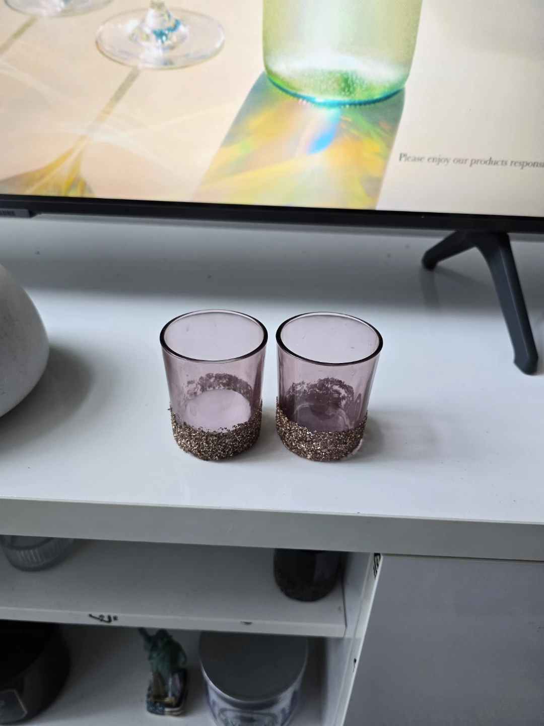Set of 2 Pink Glass Votive Holders with Glitter Base ⚽