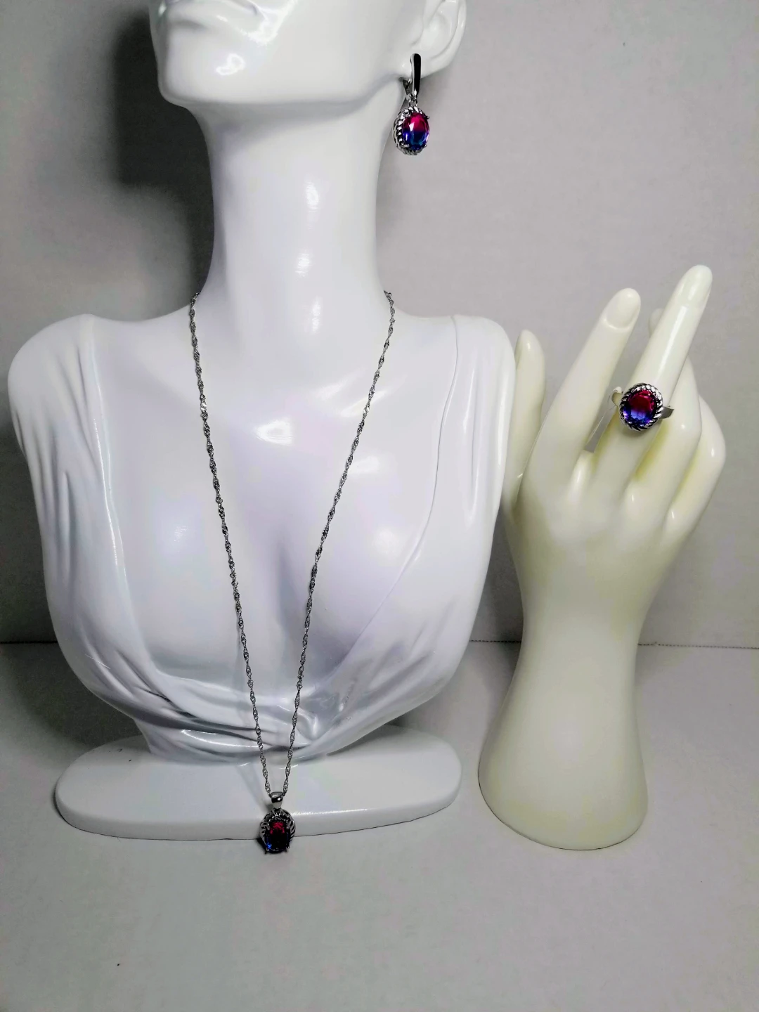 925 silver Graduated Gemstone Ring, Earrings, and Necklace Set