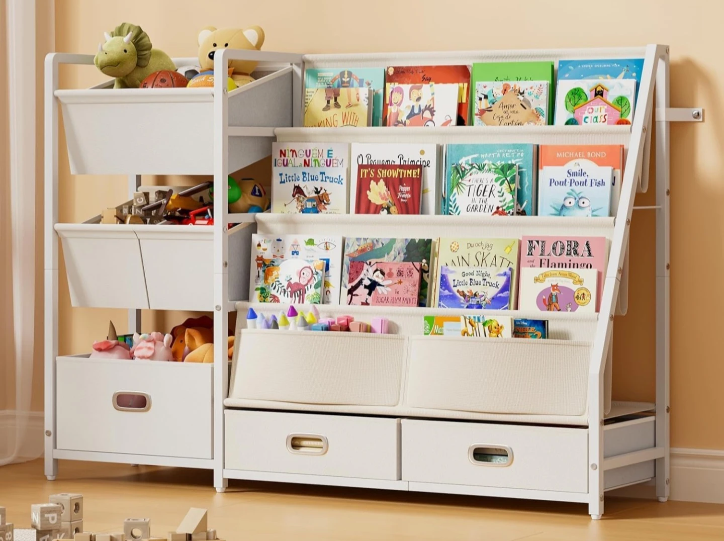 White Kids Toy Storage Bookshelf with Bins