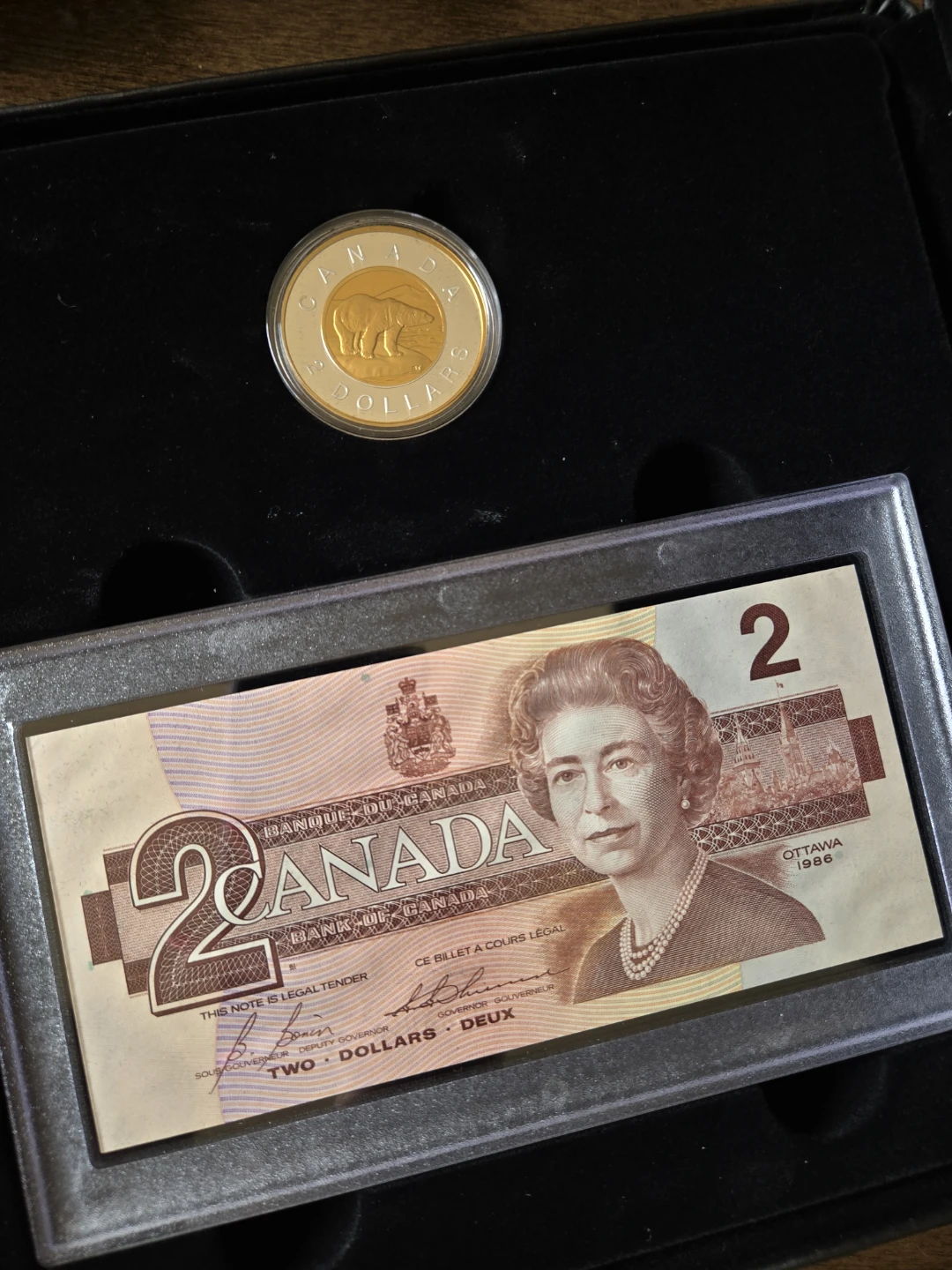 Canada 2 Dollar Banknote and Polar Bear Coin