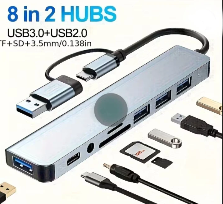 8-in-2 USB Hub with SD/TF Card Reader