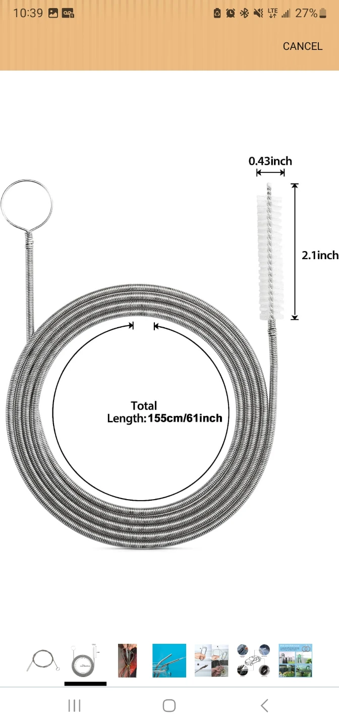 Drain Cleaning Brush 60 Inch Flexible Spring Tube Cleaner