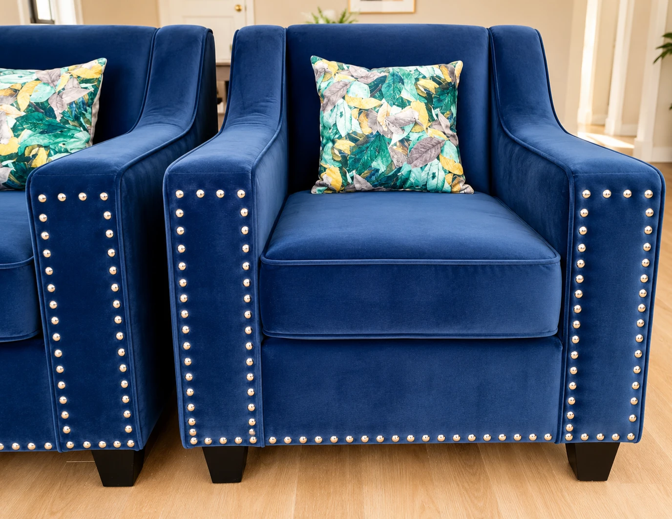 Two Blue Velvet Accent Chairs with Studded Arms - photo 2