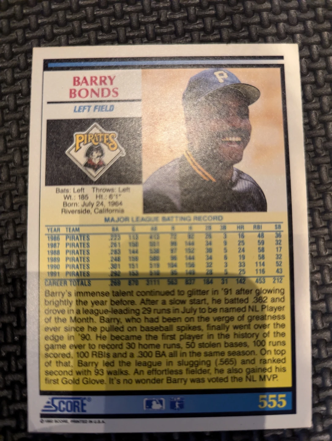 ⚽ 1992 Score Baseball Card #555 Barry Bonds - photo 2