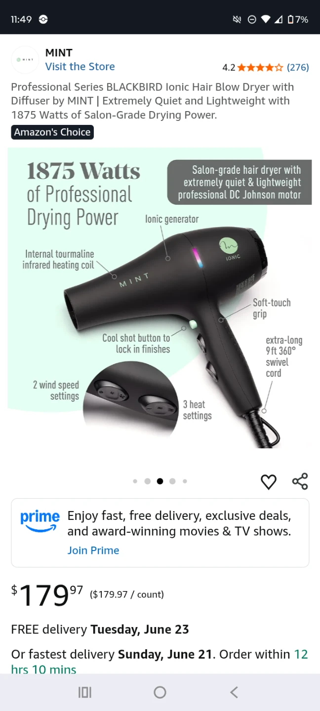 MINT BLACKBIRD Ionic Hair Blow Dryer with Diffuser - 1875 Watts - photo 2