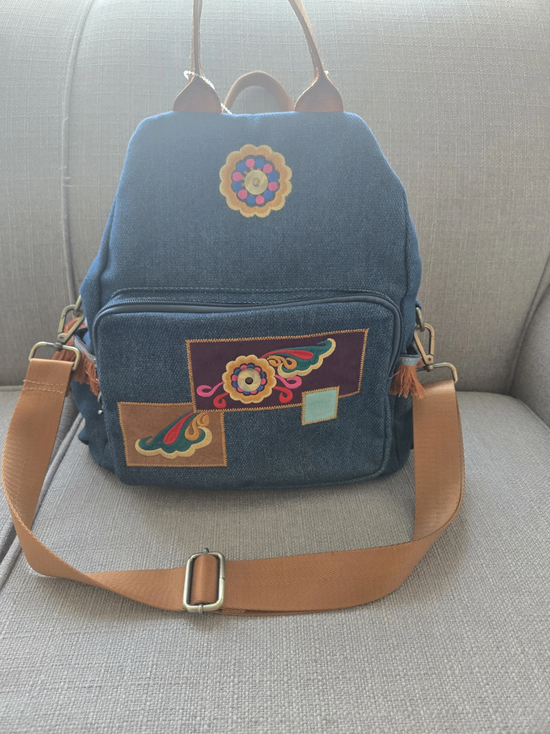 Blue Denim Backpack with Embroidered Flowers