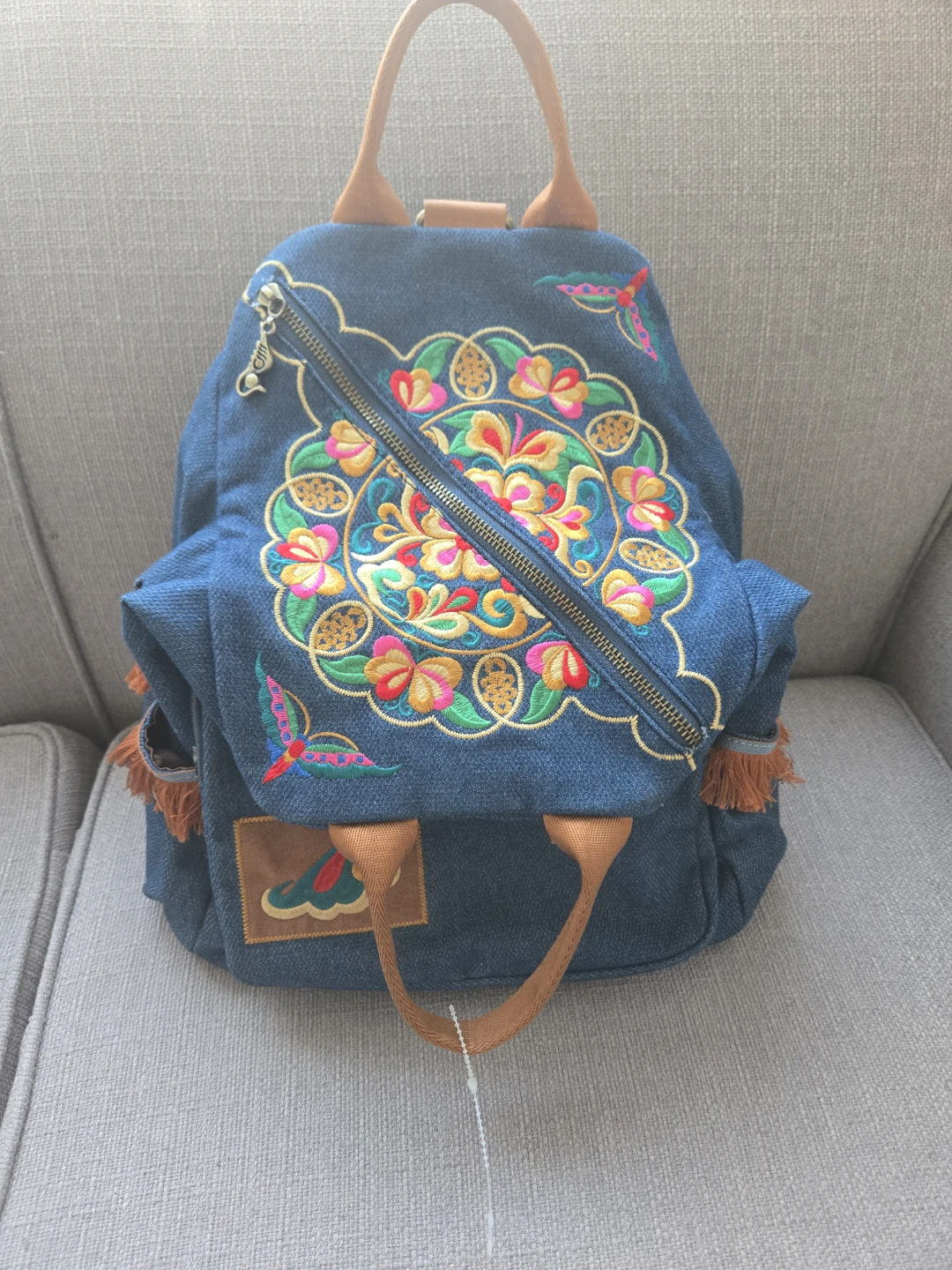 Blue Denim Backpack with Embroidered Flowers - photo 2