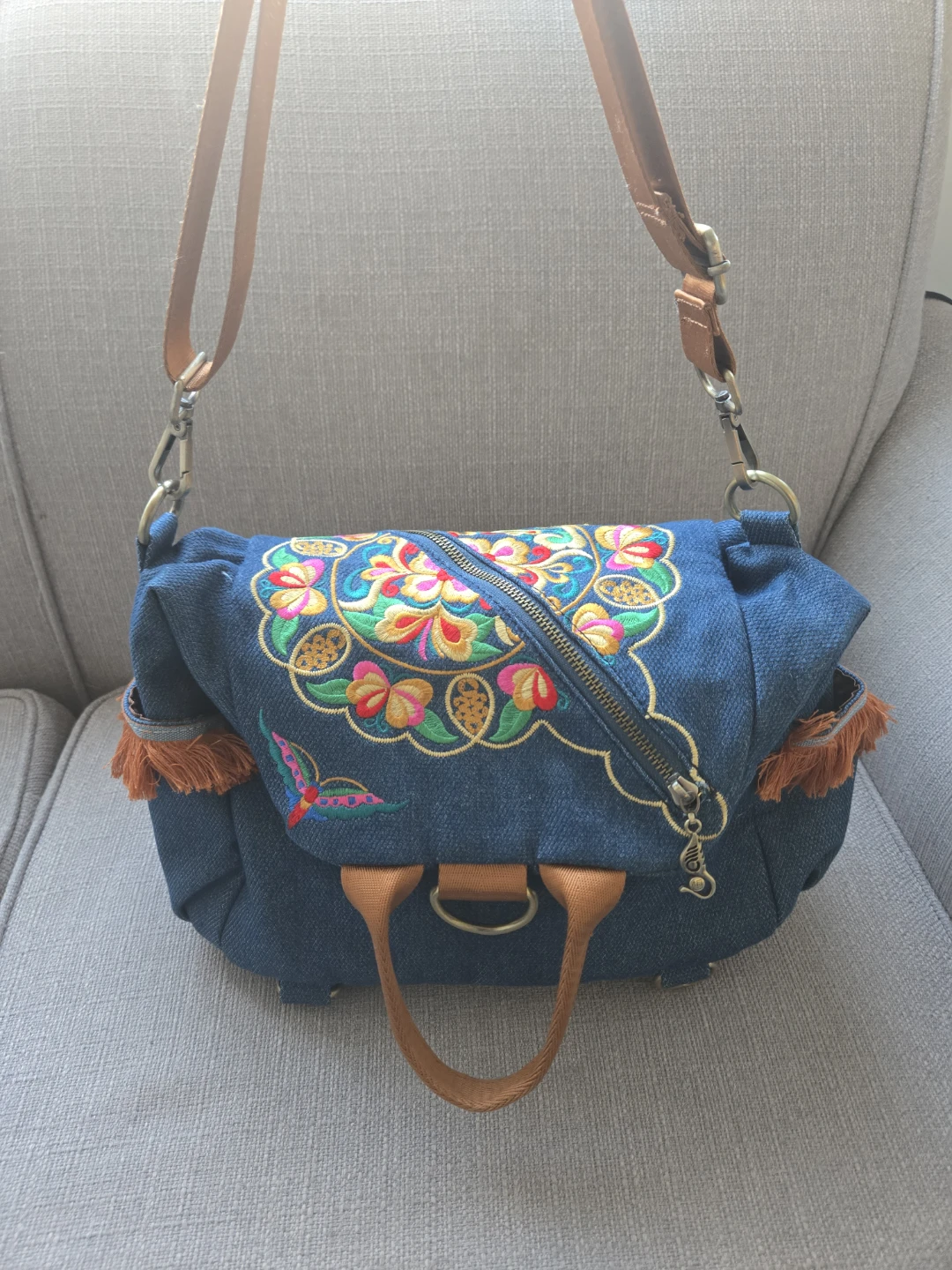 Blue Denim Backpack with Embroidered Flowers - photo 5