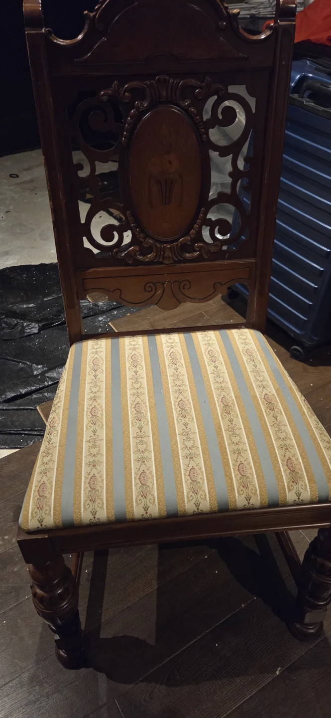 Vintage Ornate Wooden Chair with Striped Upholstery