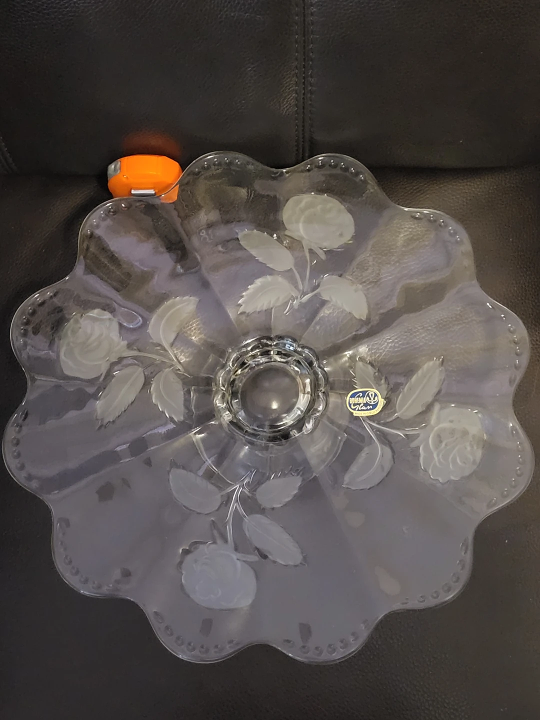Bohemian Glass Footed Cake Stand with Embossed Rose Etching