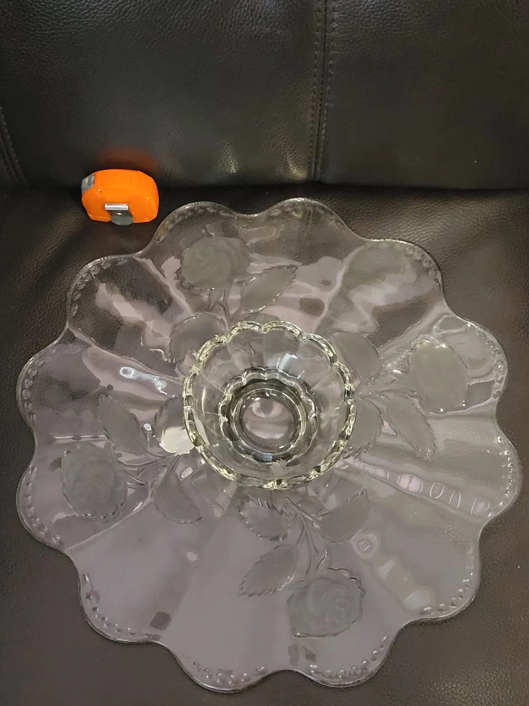 Bohemian Glass Footed Cake Stand with Embossed Rose Etching - photo 3