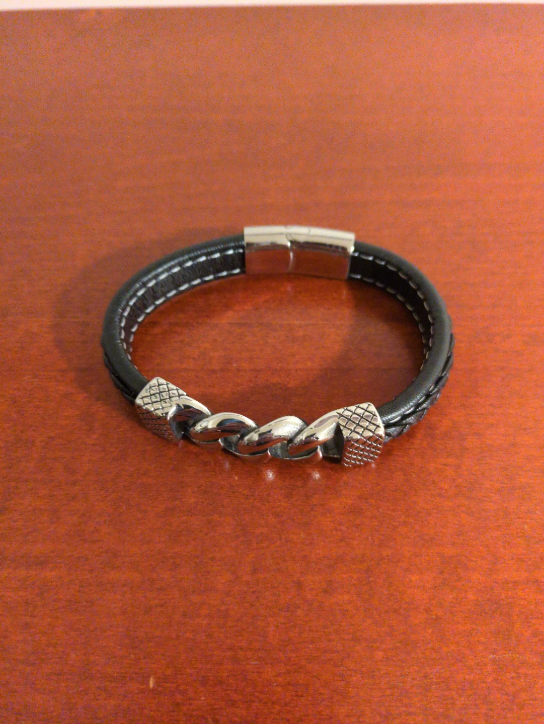 Men's Black Leather Bracelet with Silver Accents