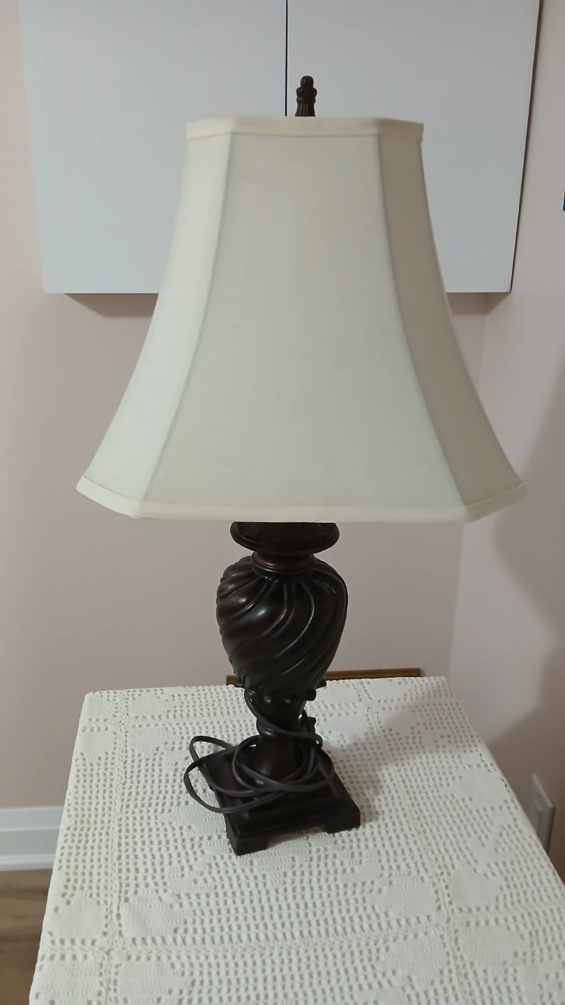 Table Lamp With Cream Cloth Shade and Brown Base