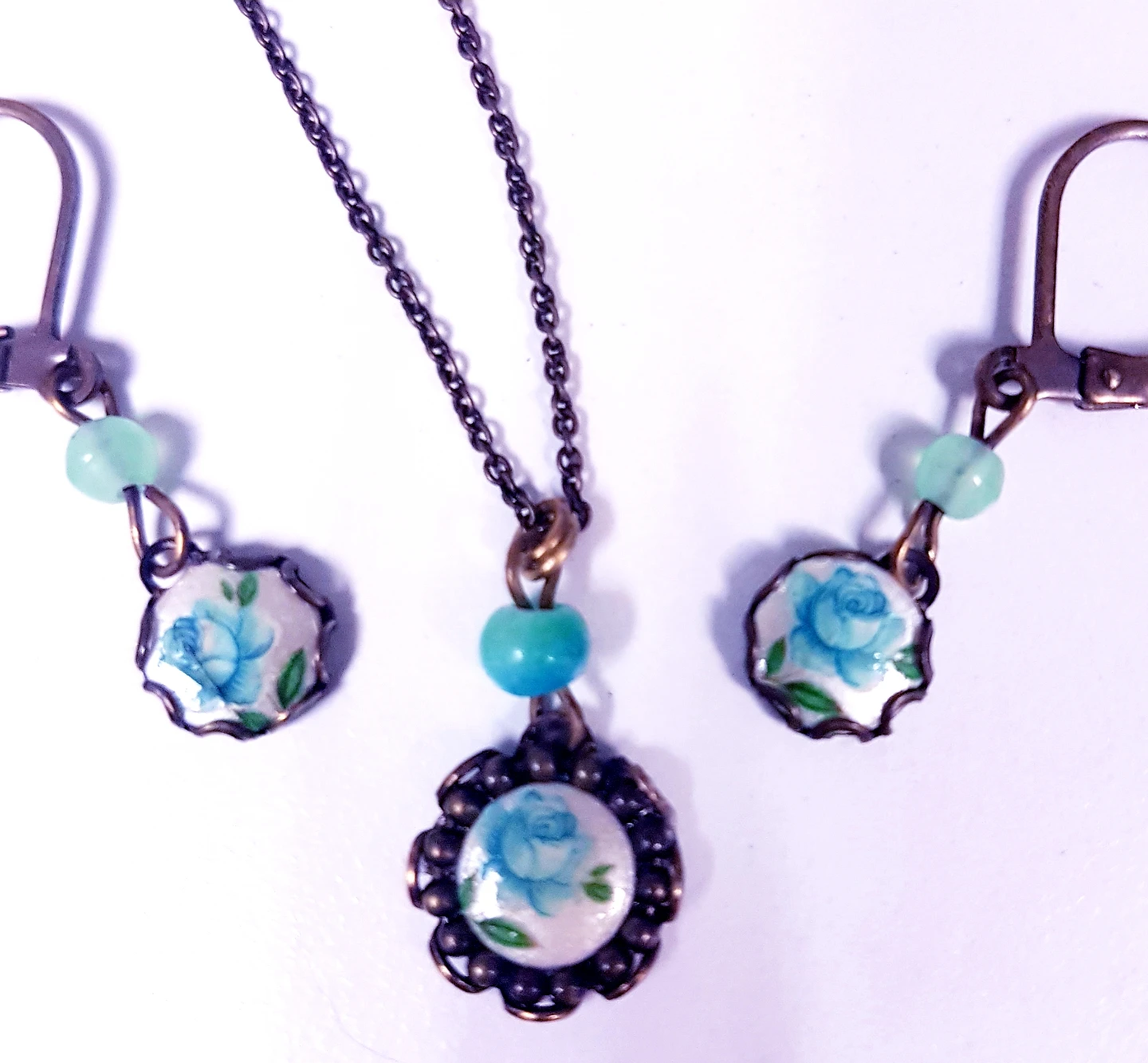 Blue Rose Pendant Necklace and Earrings Set