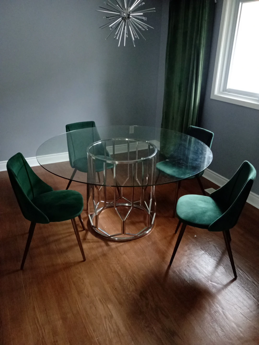 Glass Top Dining Table with 4 Green Velvet Chairs