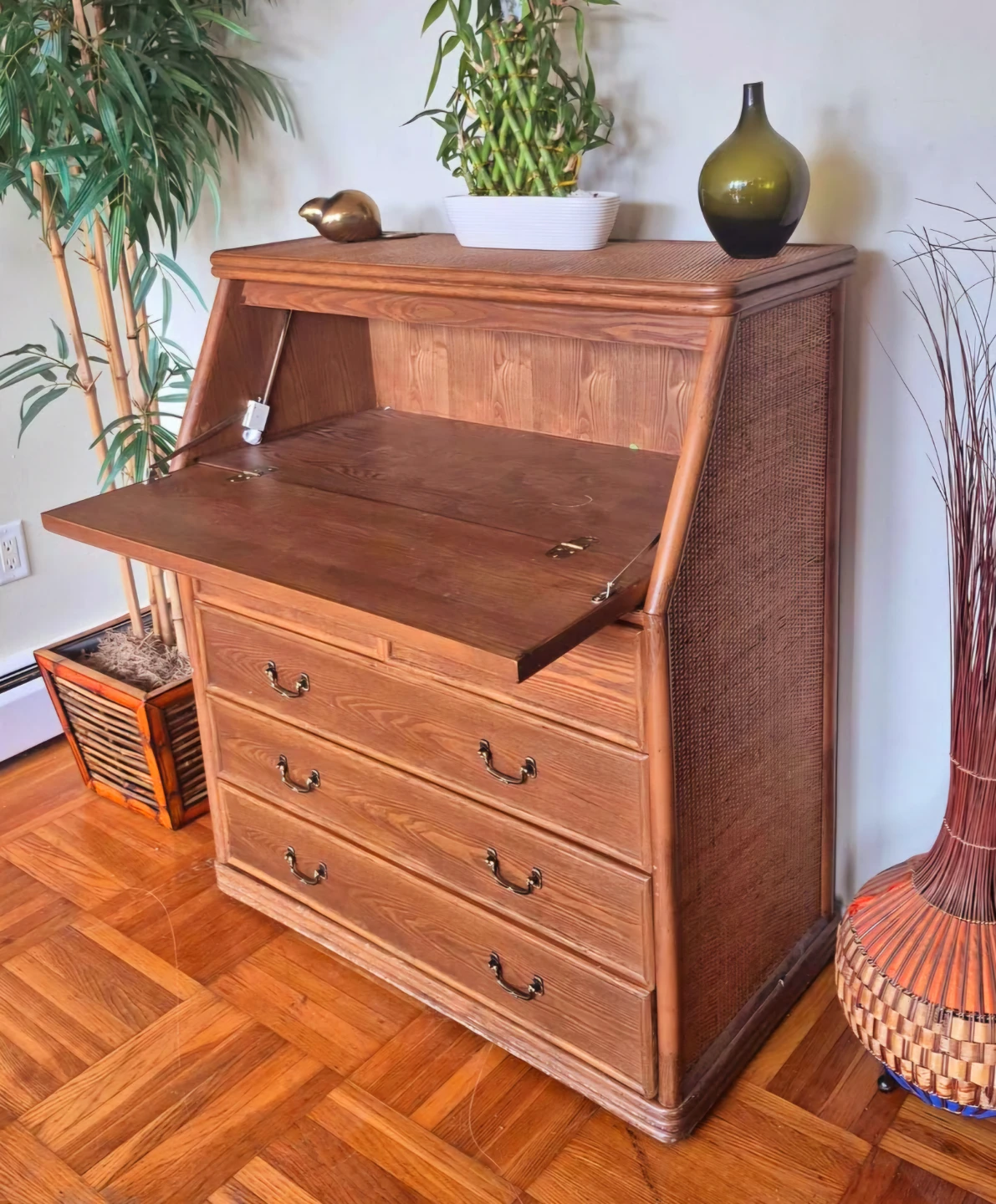 Solid 5 Drawer Dresser With Drop Down Desk And Rattan - photo 2