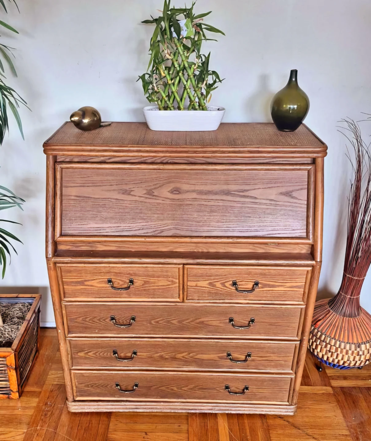 Solid 5 Drawer Dresser With Drop Down Desk And Rattan - photo 3