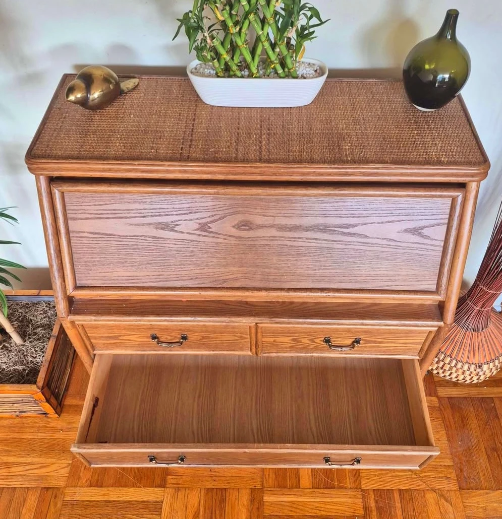 Solid 5 Drawer Dresser With Drop Down Desk And Rattan - photo 5
