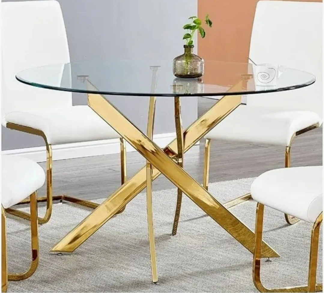 Glass and Gold X-Base Dining Table