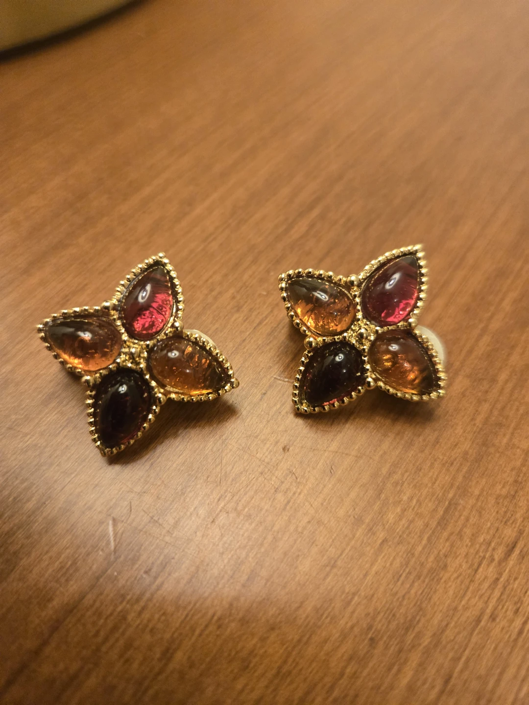 Vintage Clip-On Earrings with Amber, Red, and Brown Stones