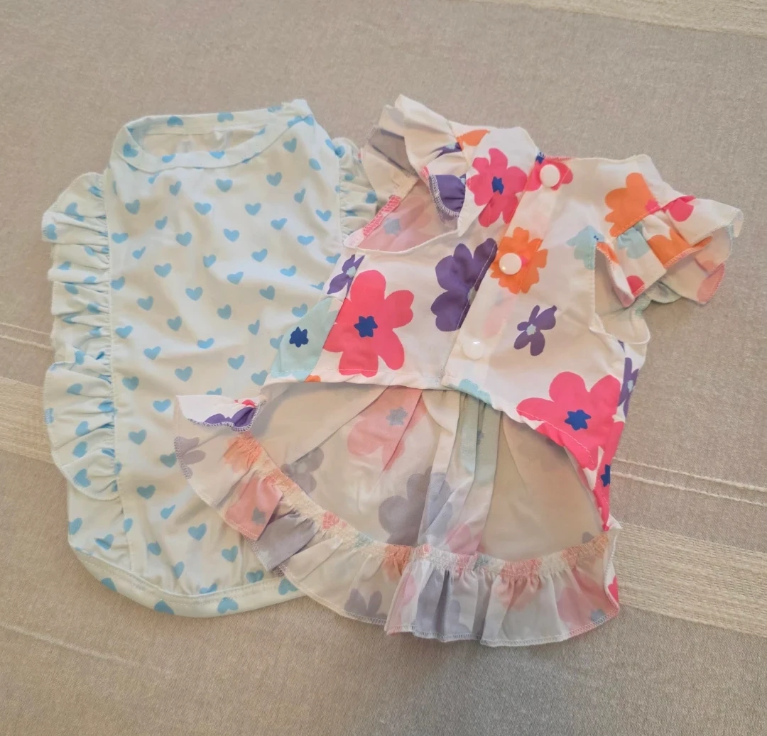 2 Dog Dresses Pet Clothes Set - Heart and Flower Prints