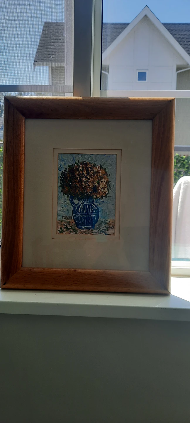 Framed Oil Painting of Flowers in a Blue Vase