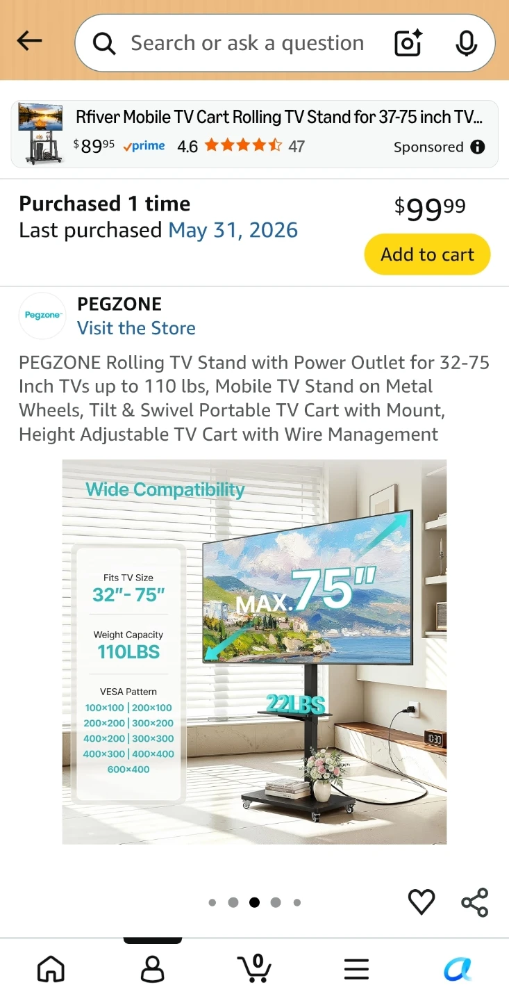 PEGZONE Rolling TV Stand for 32-75 Inch TVs - photo 3