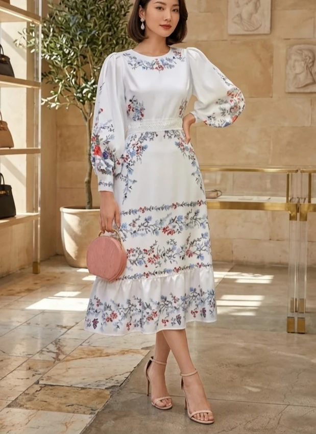White Floral Print Long Sleeve Midi Dress