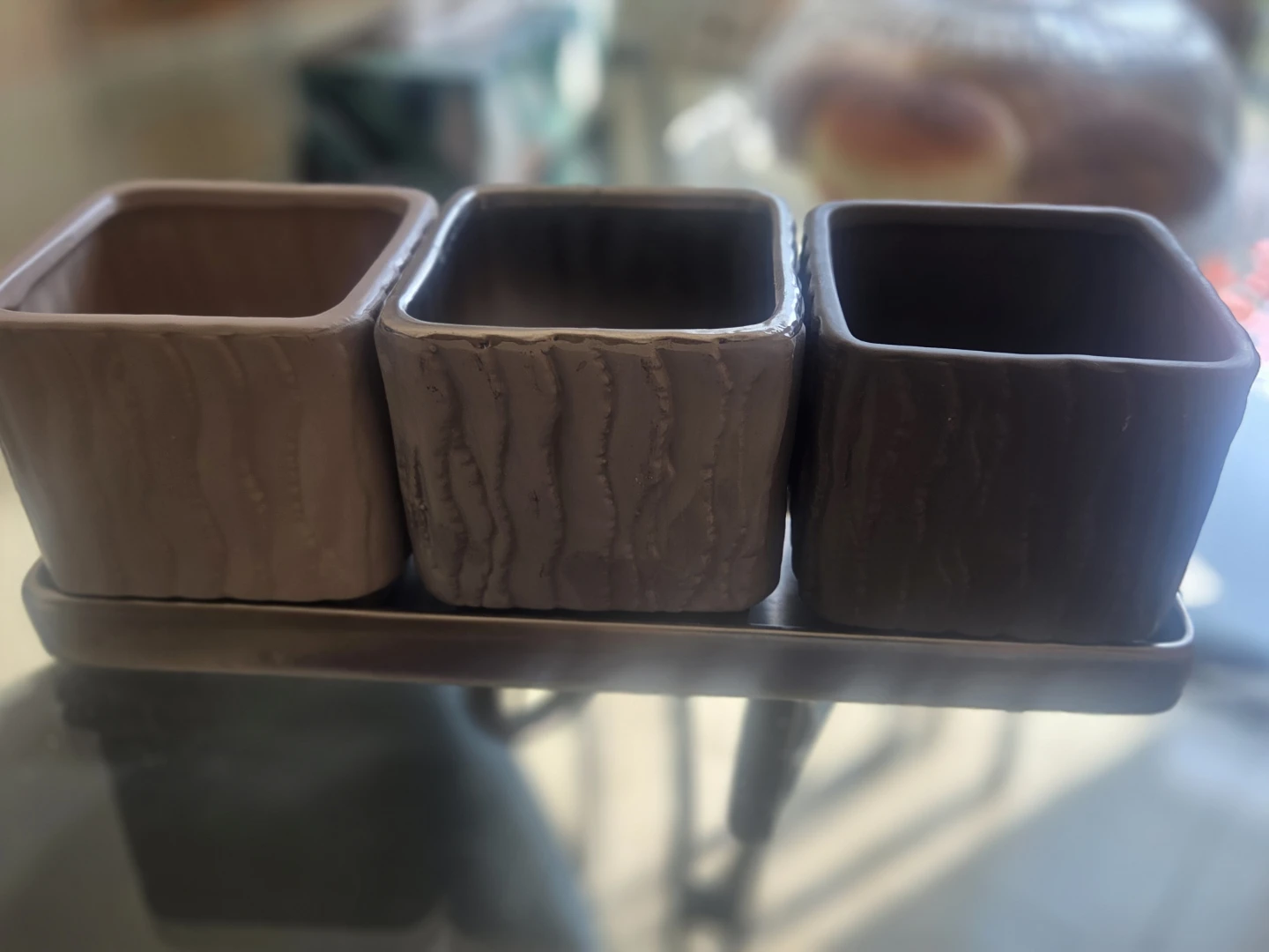 Set of 3 Ceramic Planters/Containers with Tray