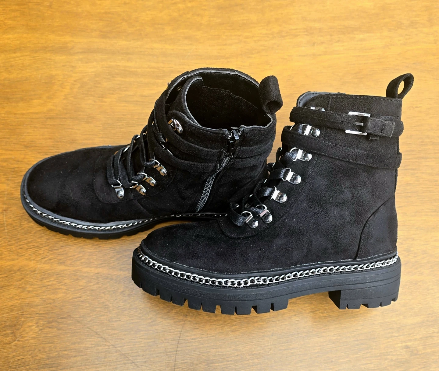 Black Faux Suede Chain Detail Combat Boots