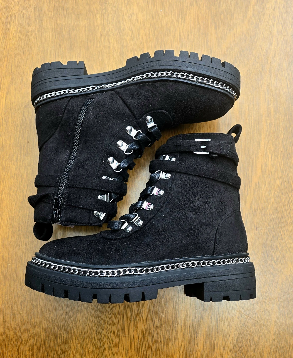 Black Faux Suede Chain Detail Combat Boots - photo 2