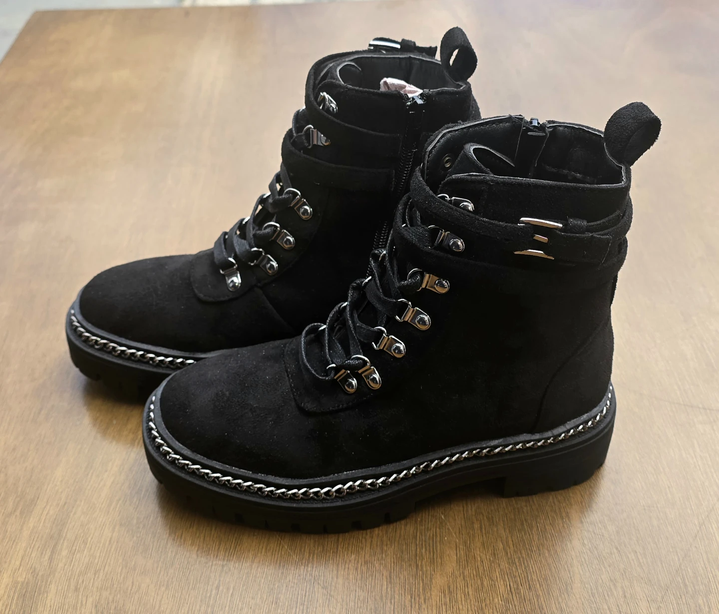 Black Faux Suede Chain Detail Combat Boots - photo 4