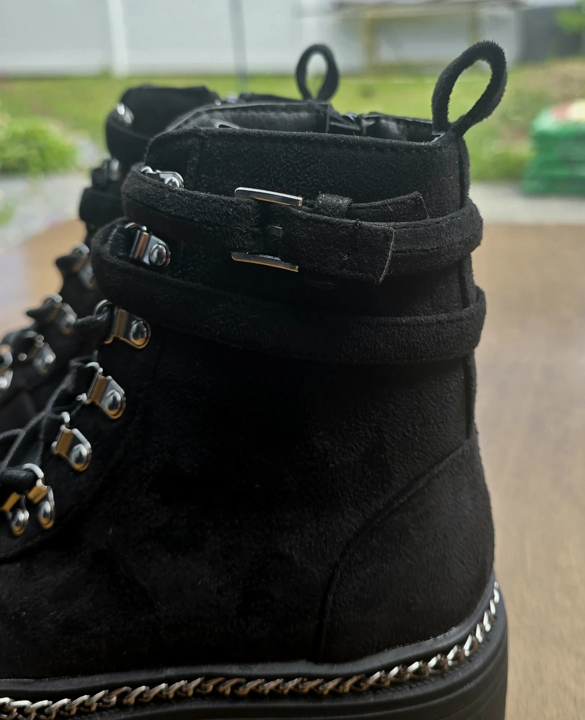Black Faux Suede Chain Detail Combat Boots - photo 5