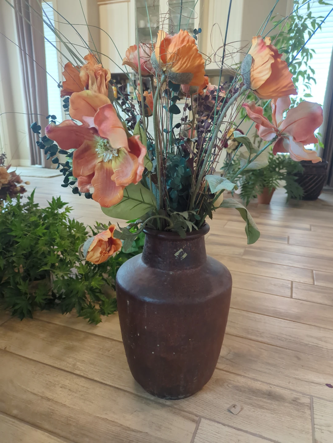 Faux Floral Arrangement in Dark Brown Vase