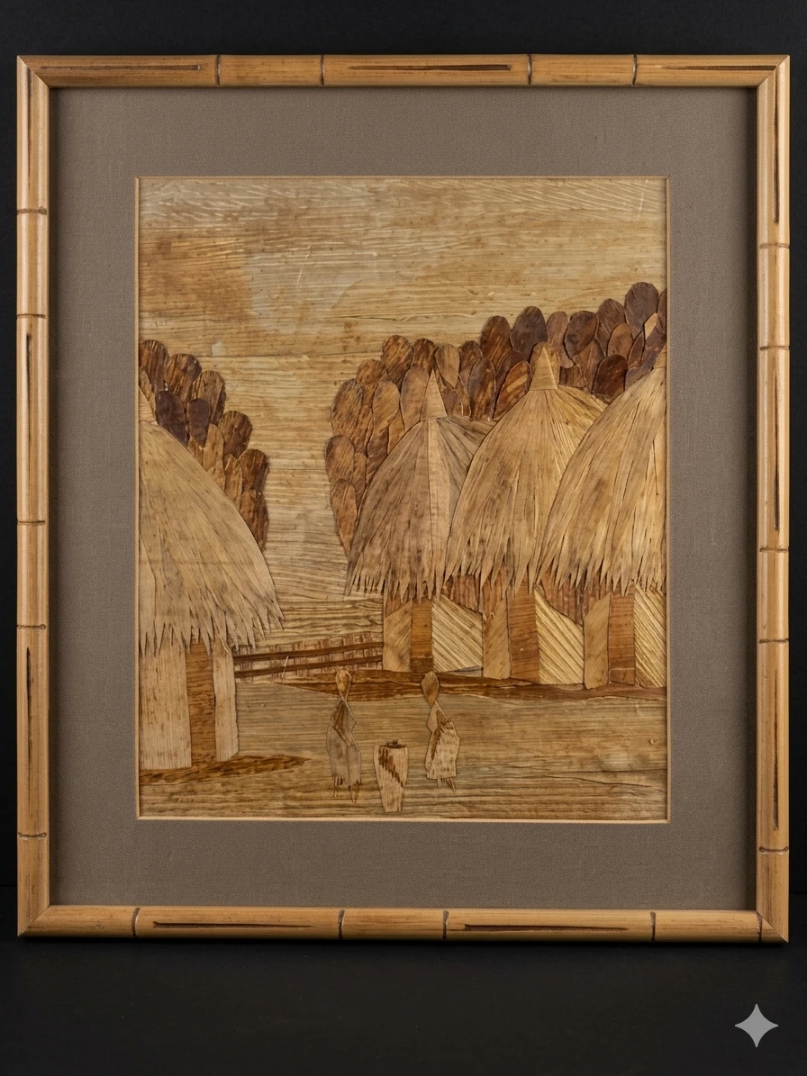 Vintage Framed African Banana Leaf Folk Art Collage