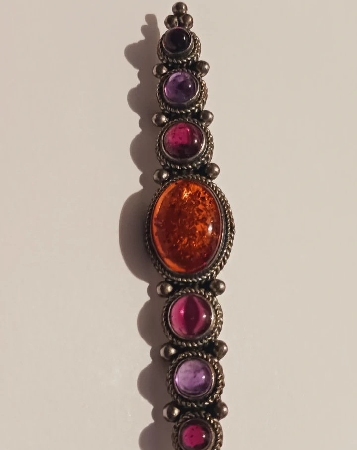 Art Deco Sterling Silver 925 Amber, Amethyst garnet brooch