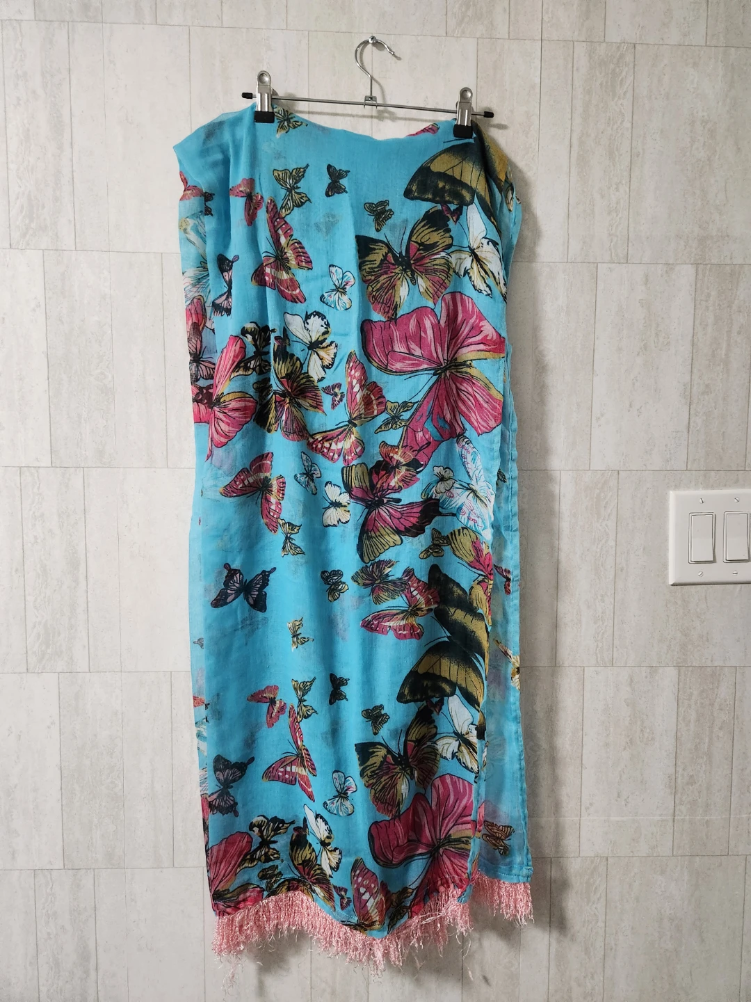 Blue Butterfly Print Scarf with Fringe - photo 2