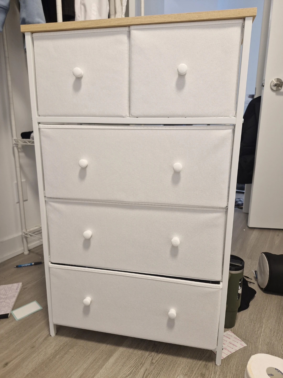 White Fabric Dresser with Wood Top