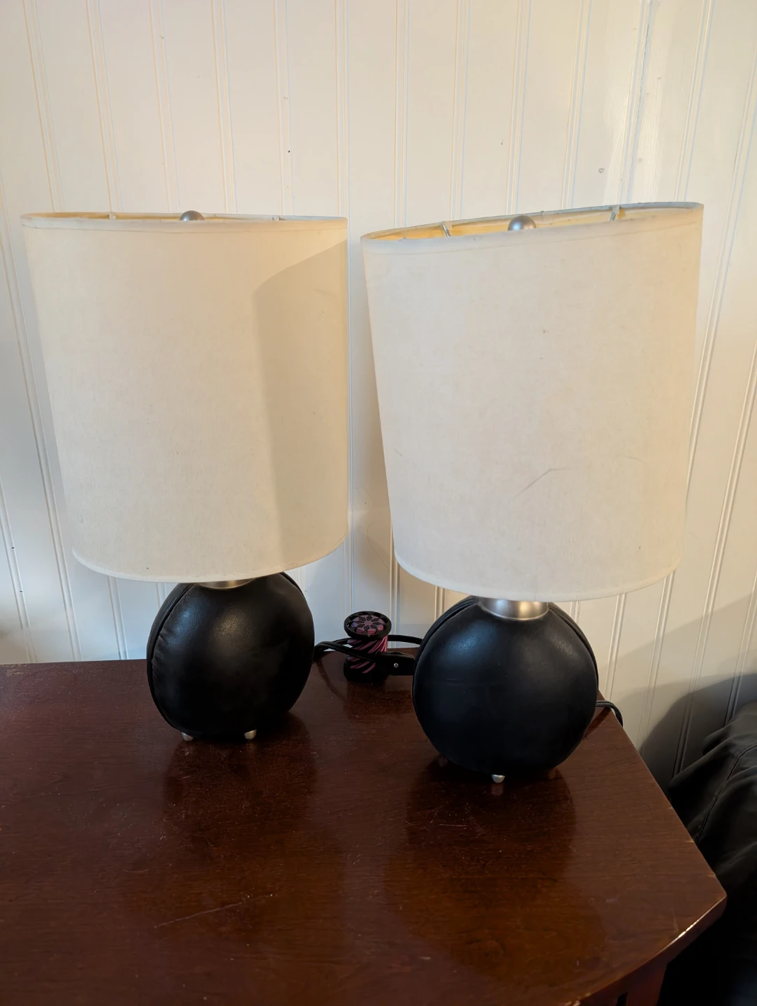 Pair of Black Spherical Table Lamps with Cream Shades