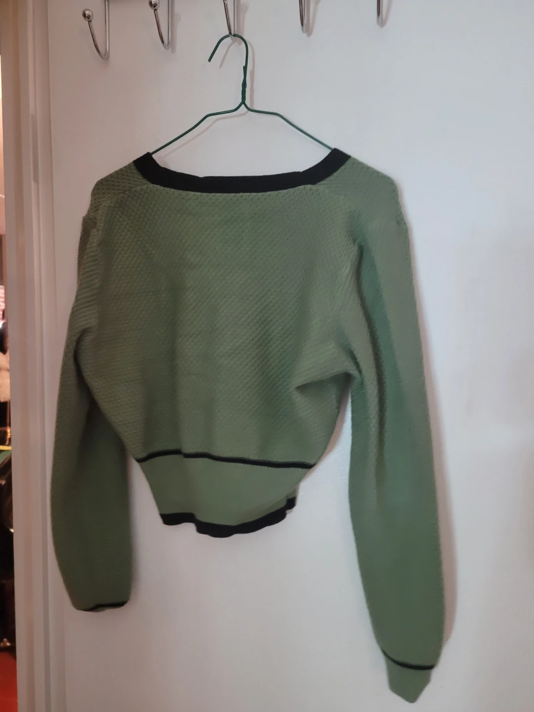 Green Textured Cropped Cardigan with Black Trim - photo 2