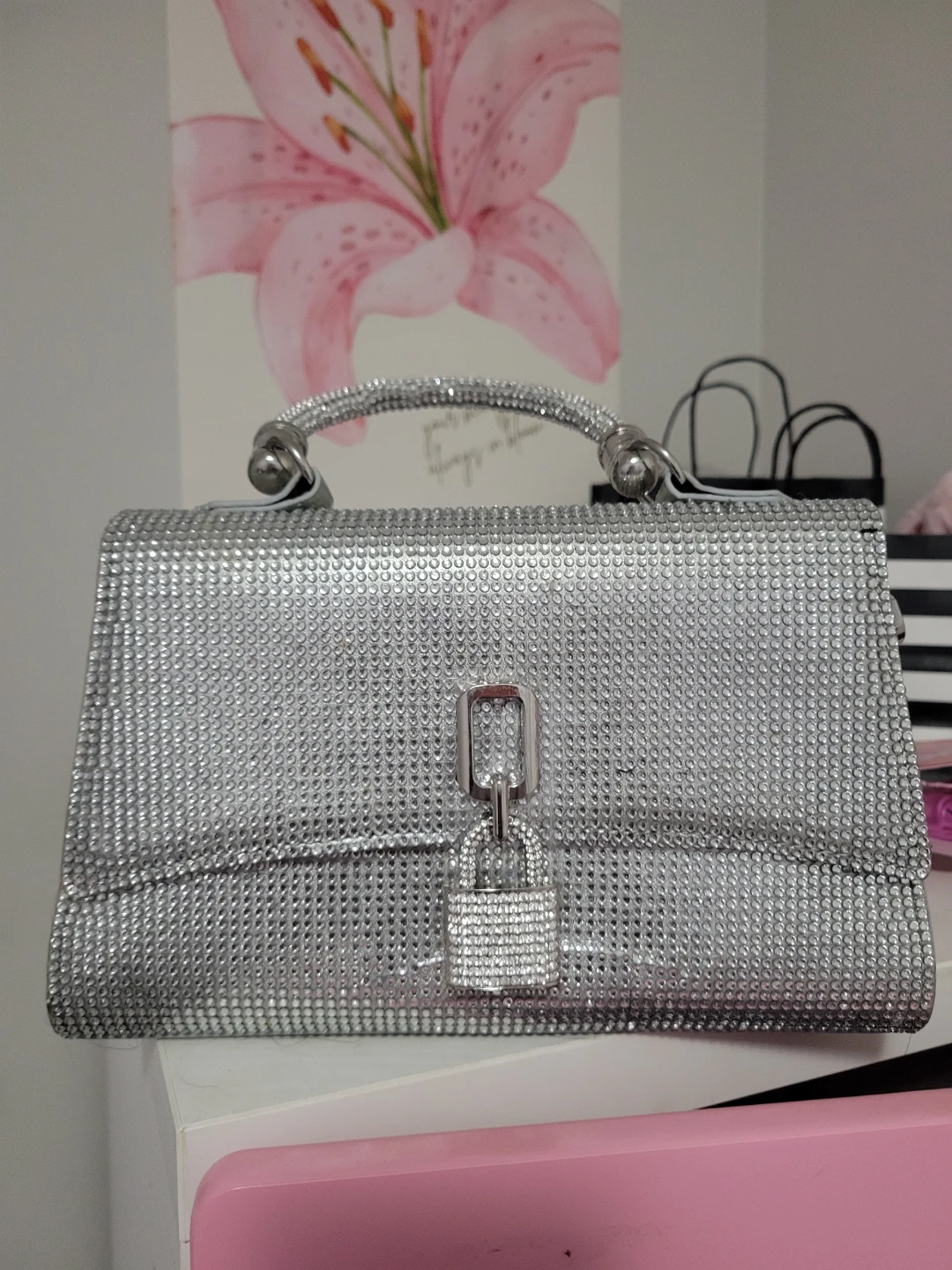 Silver Rhinestone Clutch Purse with Lock Detail