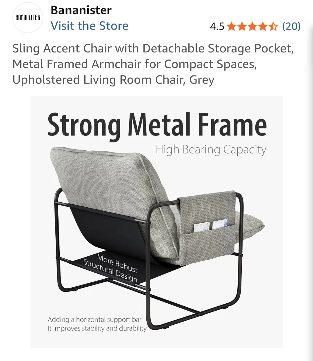 Bananister Grey Sling Accent Chair with Storage Pocket - photo 3