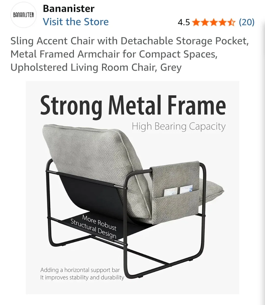 Bananister Grey Sling Accent Chair with Storage Pocket - photo 3