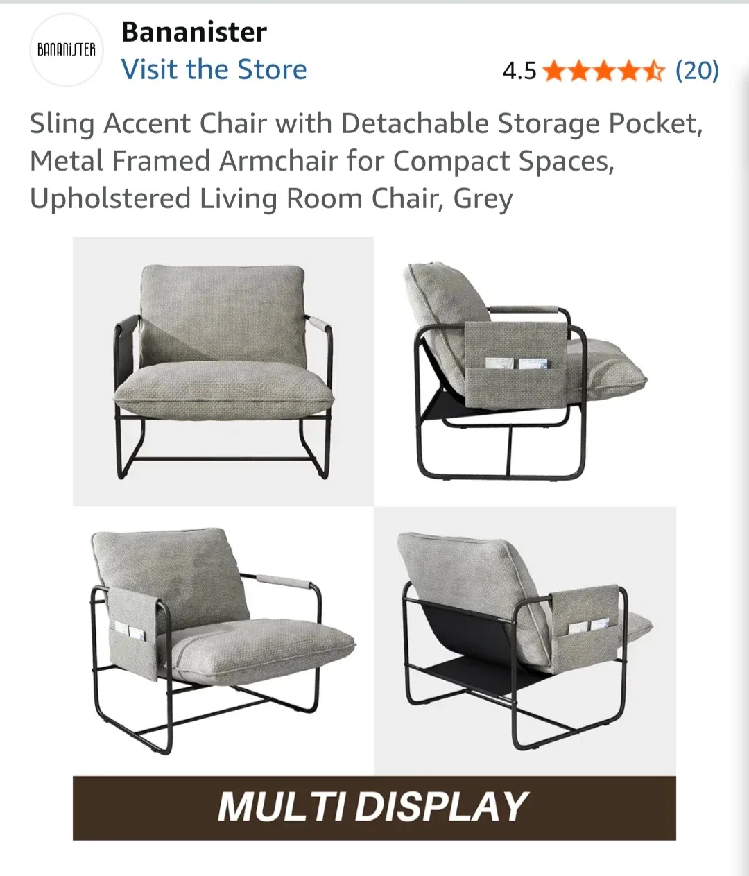 Bananister Grey Sling Accent Chair with Storage Pocket - photo 5