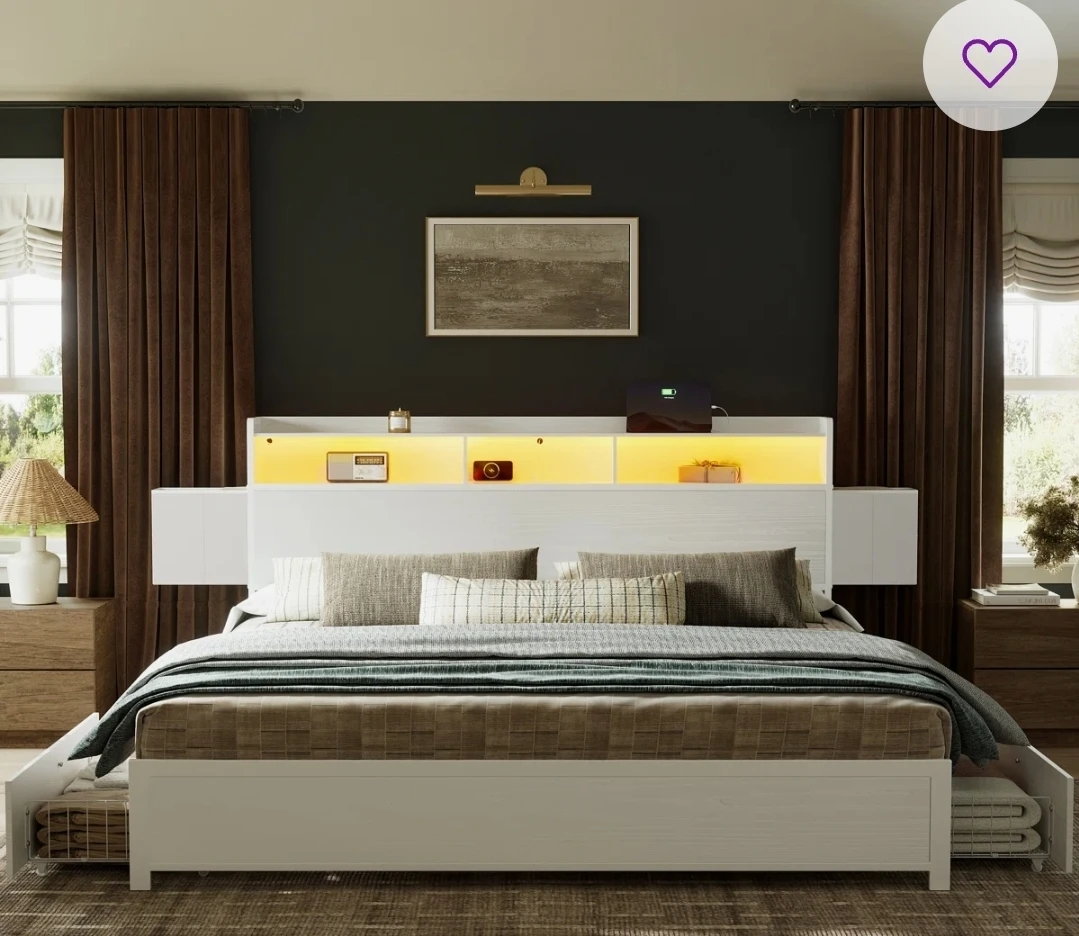 White Platform Bed Frame with Storage Drawers and LED Headboard