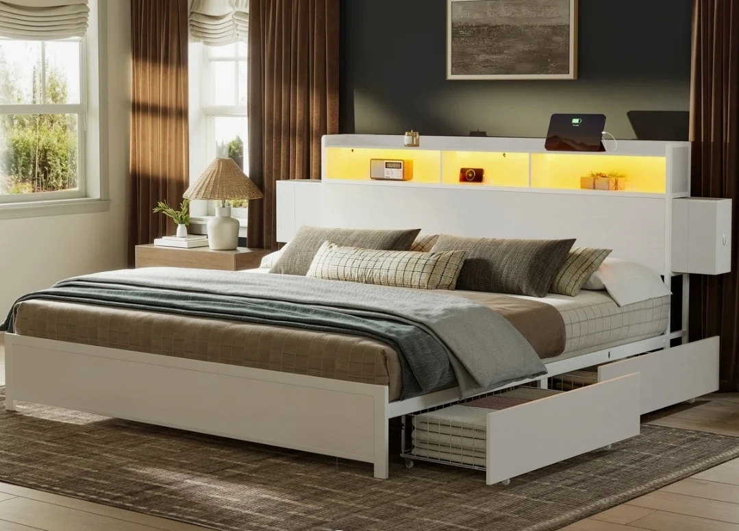 White Platform Bed Frame with Storage Drawers and LED Headboard - photo 2