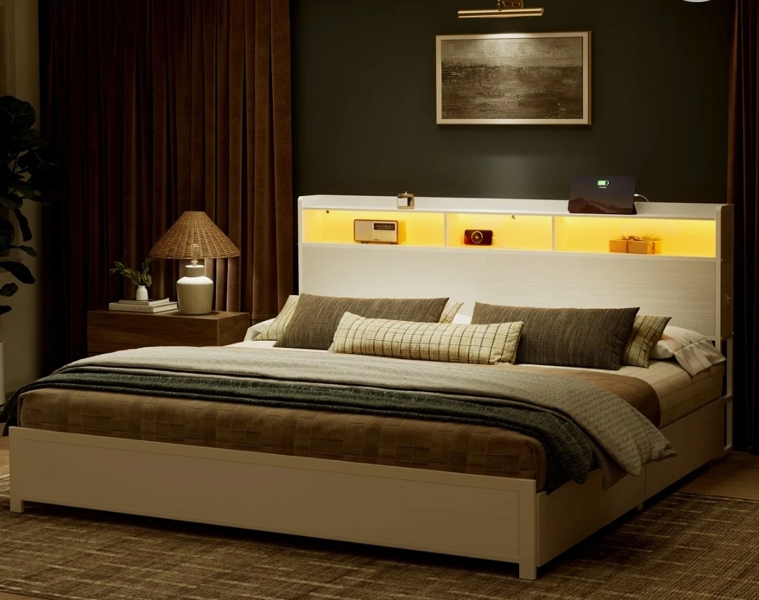 White Platform Bed Frame with Storage Drawers and LED Headboard - photo 3