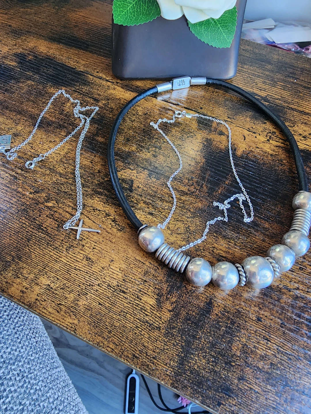 Sterling Silver Necklace & Leather Choker Set
